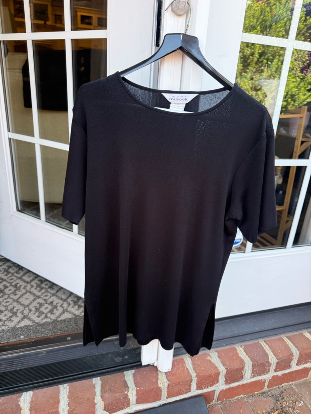 Misook Black Short Sleeve Tunic Top with Subtle Knit Texture